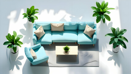 Modern Light Blue Sectional Sofa Arrangement with Plants and Coffee Table in a Bright Room
