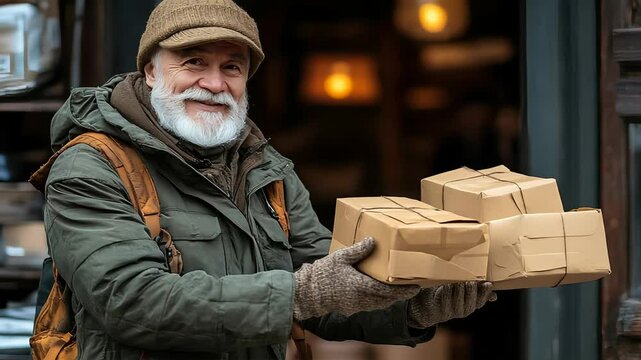 Courier holding three paper-wrapped parcels in front of warm-lit store window