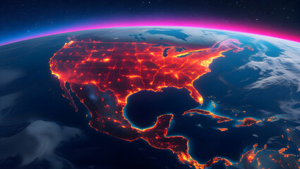 Illuminated Continent at Night A View from Space Showing a Network of Cities Across North America with a Glowing Atmosphere