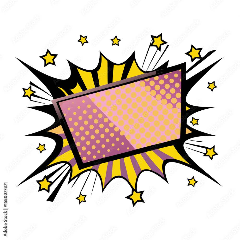 Poster comic book style pop art explosion and frame for text with empty speech bubble template, isolated ve