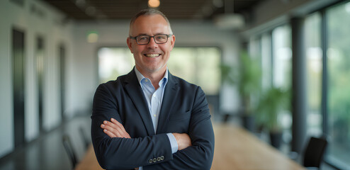 photo of a businessman standing in an office with crossed hands, smiles and looks straight at the camera