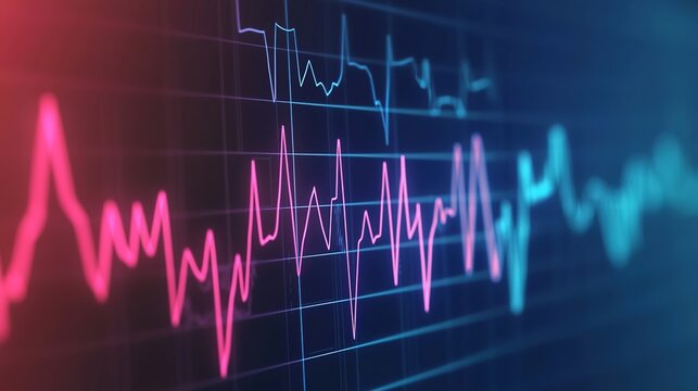 A colorful digital graph with fluctuating lines representing data or heartbeats on a dark grid background. - Powered by Adobe