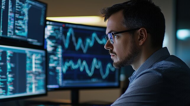 A focused man analyzes data and graphs on multiple computer screens in a dimly lit office.