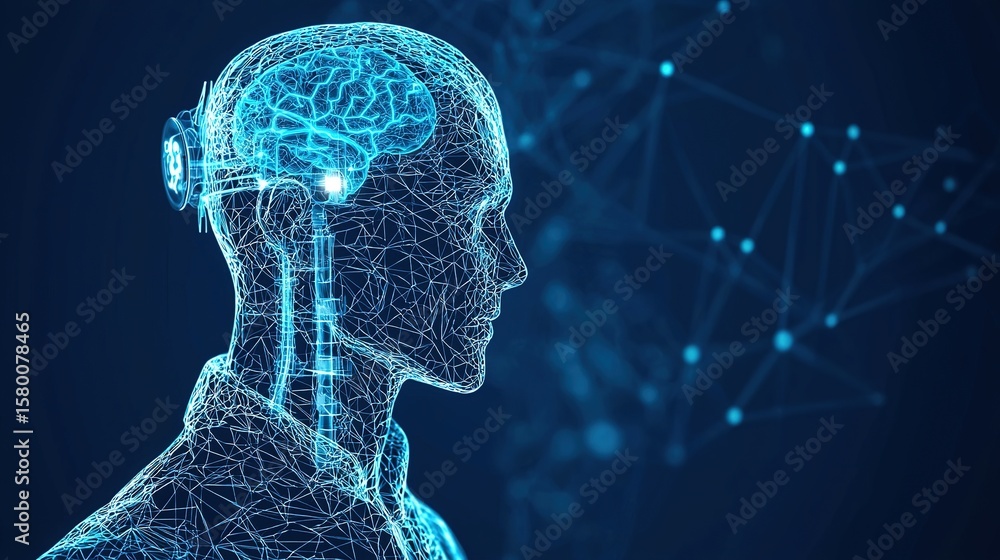 Poster a digital rendering of a human head and brain, composed of glowing blue lines and nodes, symbolizing
