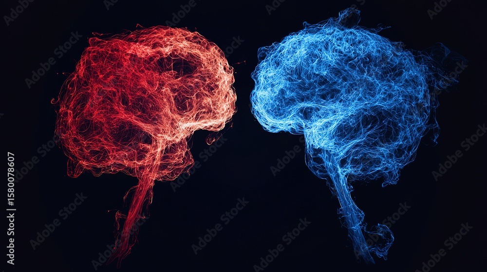 Poster abstract red and blue neural networks form two human brains facing each other on a dark background.