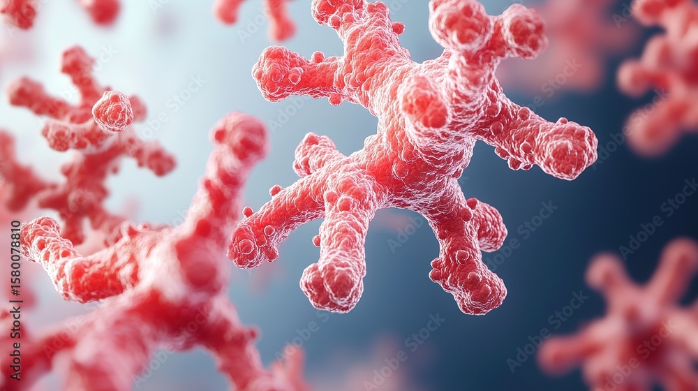 Poster 3d illustration of red virus particles floating, resembling a microscopic view of a contagious patho