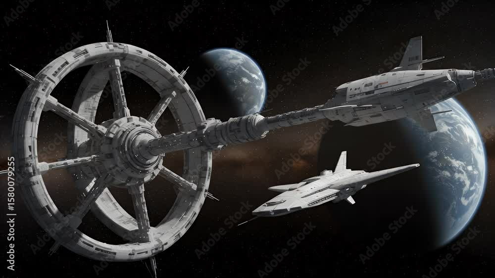 Poster spaceships approach ringed space station with planets in background