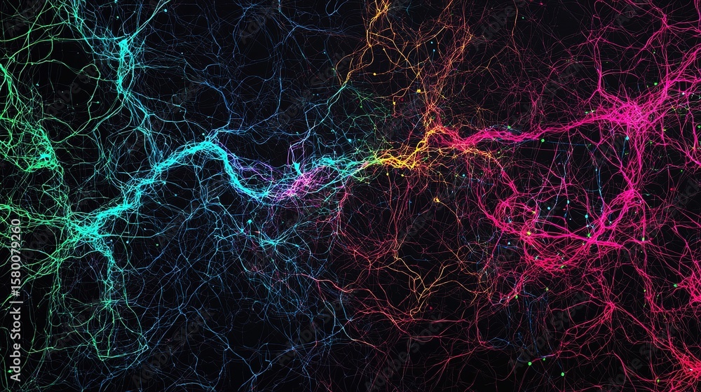 Poster colorful, abstract neural network pattern with glowing lines and a dark background, resembling brain
