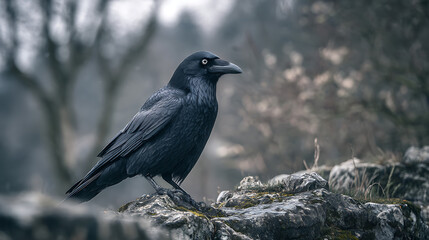 Naklejka premium A crow standing on a rugged stone hill during overcast weather, camera focused on its dark eyes and feathers, blurred trees and sky behind, cinematic gothic atmosphere.