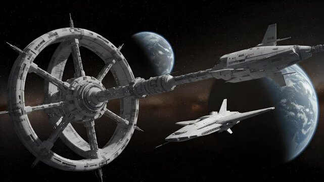 Spaceships approach ringed space station with planets in background