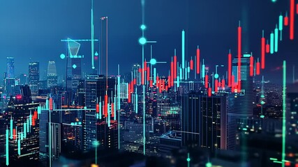 Vibrant city skyline at night with financial data overlay showcasing market trends and growth - Powered by Adobe