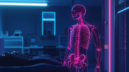 A glowing neon human skeleton stands in a modern, dimly lit room with futuristic decor and medical equipment.