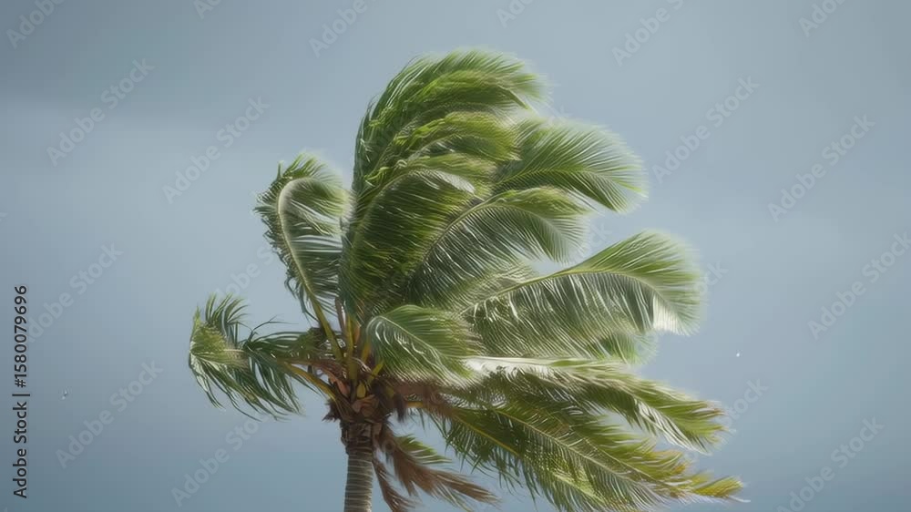 Poster a palm tree is blowing in the wind. the palm tree is tall and has many leaves. the sky is cloudy and