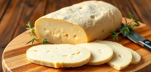 Creamy vegan cheese log, sliced on wooden board,   cutting board,   wooden board