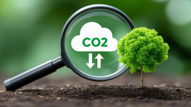 Business carbon credit. Carbon dioxide magnifying glass highlighting green tree on soil environment symbolizing carbon dioxide reduction and environmental protection concepts