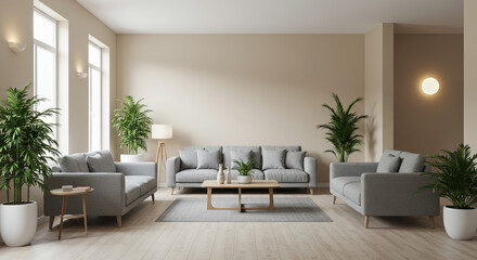 Elegant living room interior with comfortable seating and natural light accents