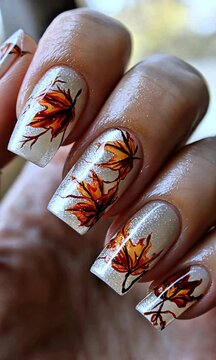 autumn maple leaf nail art on shimmery base, hand-painted fall foliage design on square nails, orange and brown leaf manicure for autumn

