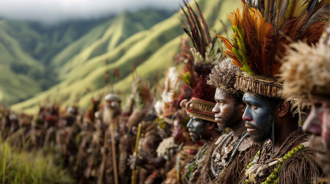 Papua New Guinea Tribesmen Lined Up in Traditional Sing-Sing Festival Attire with Face Paint and Feather Headdresses Amid Lush Mountain Landscape