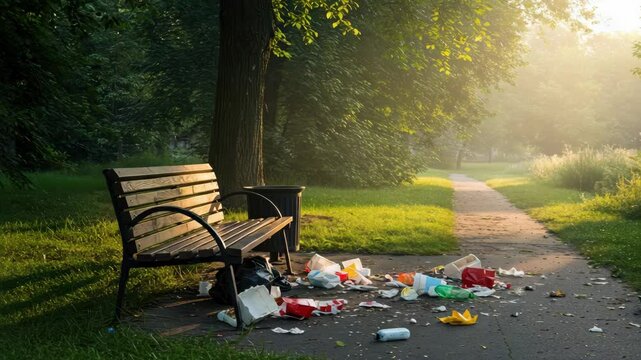 Overfilled trash can spills rubbish near park bench, depicting environmental pollution. Trash litter surrounds public seating, an unfortunate environmental pollution problem.