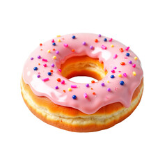 Pink frosted donut with sprinkles on a white background  