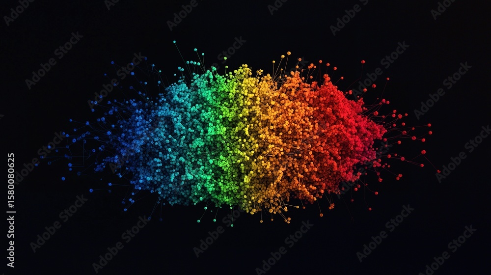 Poster a vibrant, multicolored network visualization featuring interconnected nodes on a black background.