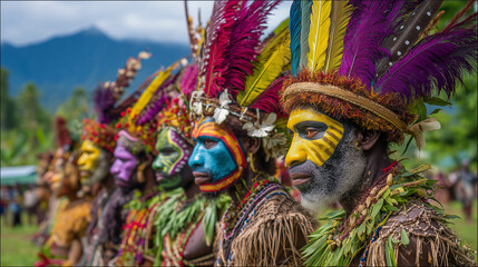 Line of Sing-Sing Festival Participants in Colorful Tribal Face Paint and Feather Headdresses Standing Proudly in Papua New Guinea Cultural Event