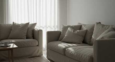 Serene Living Room with Linen Sofas and Soft Natural Light Streaming Through Curtains
