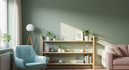 Cozy living room interior with pastel green wall, plants, and wooden shelving