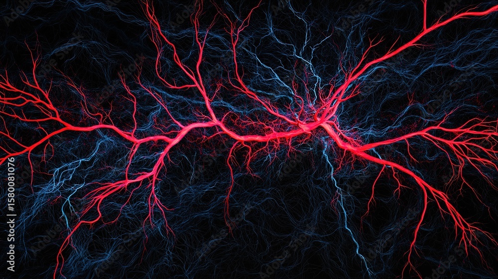 Poster vivid red and blue branching lines intertwine on a dark background, resembling neural pathways or el