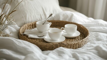 A wicker tray with white coffee cups on a bed