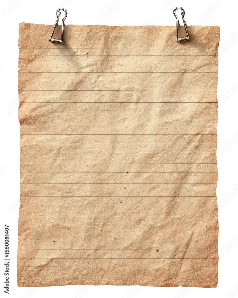 Poster old lined paper texture with clips on transparent background