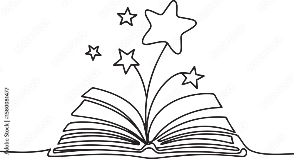 Poster opened book with flying page and stars in one continuous line drawing, symbolizing magic of reading