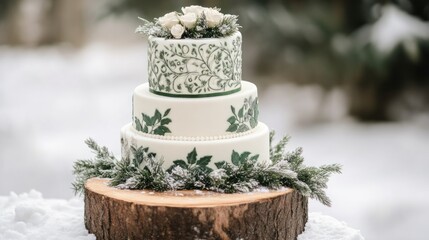Elegant three-tiered wedding cake in winter setting
