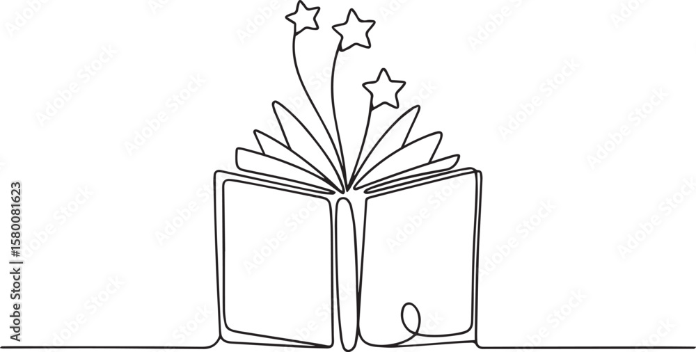 Poster opened book with flying page and stars in one continuous line drawing, symbolizing magic of reading