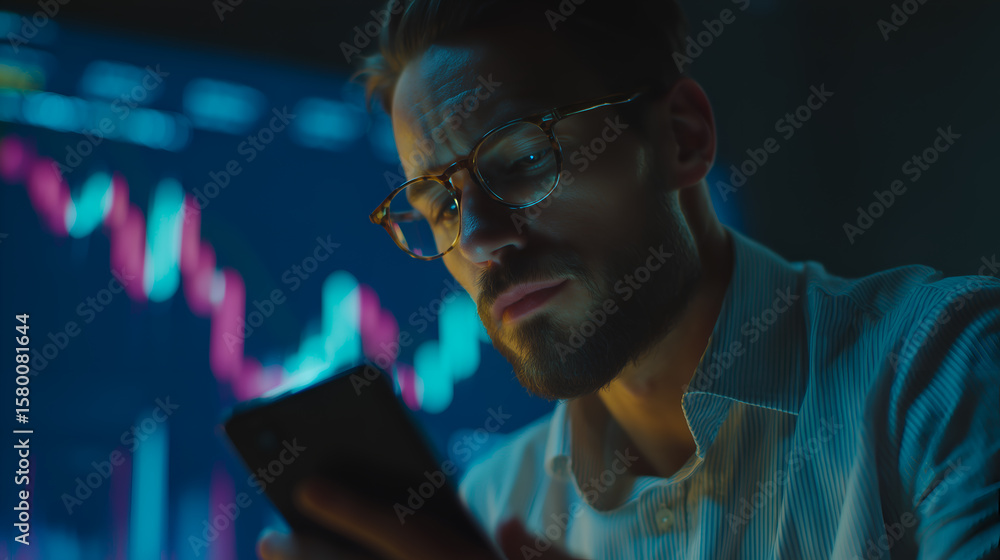 Poster a man analyzing stock market data on a tablet. focus on the man’s intense concentration and the data