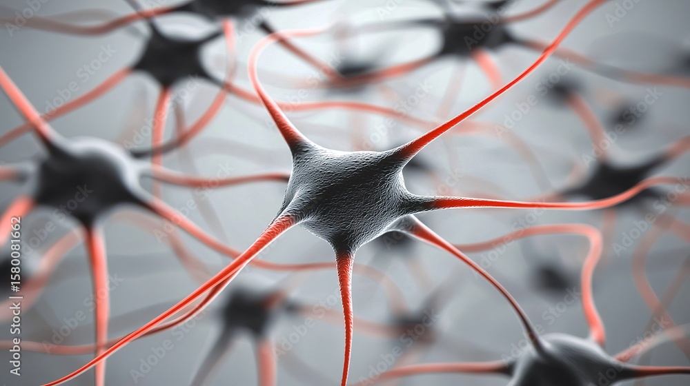 Poster a detailed illustration of interconnected neurons with highlighted axons and dendrites, representing