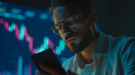 A man analyzing stock market data on a tablet. Focus on the man’s intense concentration and the data charts in the background. 