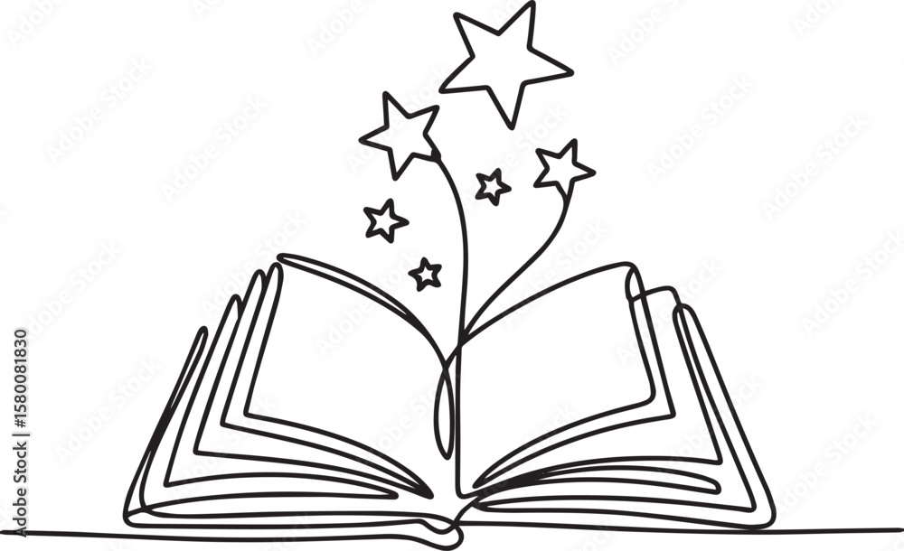 Poster opened book with flying page and stars in one continuous line drawing, symbolizing magic of reading