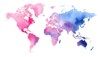 Watercolor world map, soft pink & blue hues