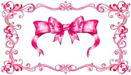 Elegant watercolor pink ribbon bow wedding frame with ornate swirls and wavy border,  vector,  day