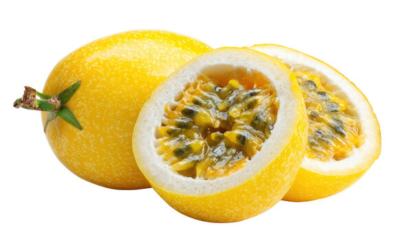 Yellow Passion Fruit Whole and Halved on Transparent Background