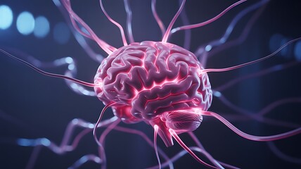 Obraz premium Abstract 3D human brain x-ray scan with blue light and neuron-like jellyfish in the ocean