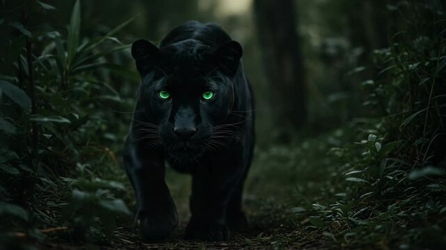 Black panther stealthily walking through lush forest