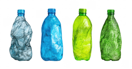 Four crumpled plastic water bottles in grayscale, blue, lime green, and green