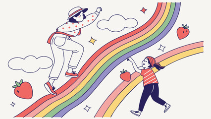 Illustration of two women on a rainbow with strawberries and stars for a whimsical design concept