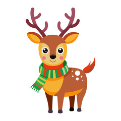 Fototapeta premium A cute cartoon reindeer sits adorably wearing a colorful plaid scarf. Its large eyes and fluffy tail add to its charming and festive appearance