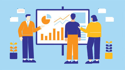Illustration of three people discussing data presented on a whiteboard with charts and graphs shown