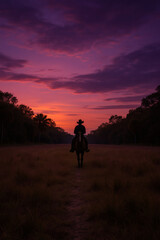 Silhouette of a cowboy on horseback during twilight. A path in the tall grass leads toward the stunning purple and orange sunset.