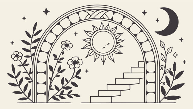 Boho celestial archway with sun moon stars and floral elements vector illustration art design