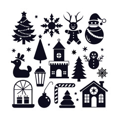 Christmas icons set silhouette vector
